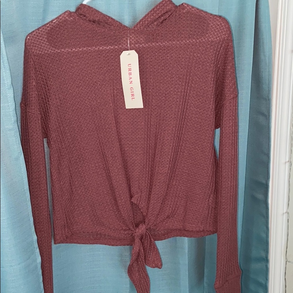 Long sleeve shirt with knot in the front & a hood
